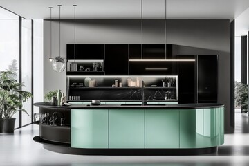 Fototapeta premium Modern Mint Green Kitchen Island Design With Black Accents