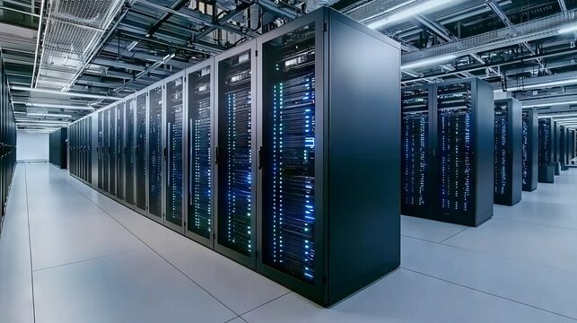 Data center servers network infrastructure modern facility high-tech environment wide-angle view digital efficiency
