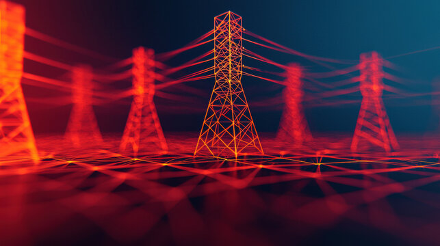 digital energy grid with floating holographic data visualizations, showcasing interconnected power towers in vibrant red and blue color scheme