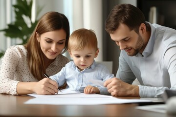 Happy young family at meeting in office signs document on purchase of real estate or loan agreement. Head of bank, realtor or financial advisor submits contract and indicates place of, Generative AI