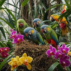 A parrot family living in a colorful nest among orchids.