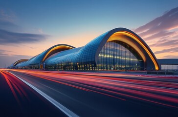 Obraz premium Modern airport terminal at dusk with striking architectural design featuring sweeping curves and illuminated glass facade against a colorful sky, showcasing transportation innovation