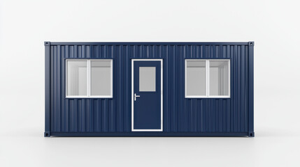 Modern shipping container with windows and door, ideal for various uses. This versatile structure can serve as office, storage, or living space, showcasing sleek design