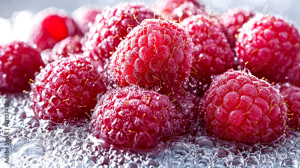 Sticker Close-up of Juicy Raspberries in Water Bubbles: A Delicious and Refreshing Image