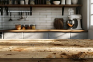 High Resolution Visual of Empty Wooden Kitchen Counter in Kitchen