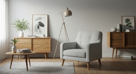 Minimalist, japandi interior design of modern living room with accent armchair