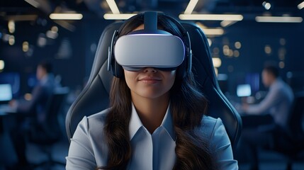 Business teamwork office professionals concept. A woman wearing a VR headset sits confidently in a modern tech environment, immersed in virtual reality.