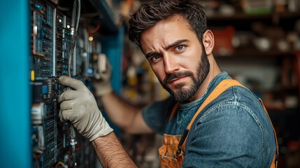Technician repairing server rack data center action image indoor close-up technology maintenance