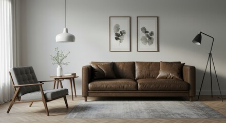 Fototapeta premium Minimalist, japandi interior design of modern living room with accent armchair