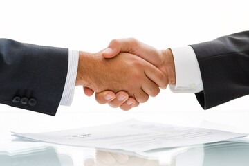 Obraz premium Business teamwork office professionals concept. Two hands shaking in a business setting, symbolizing agreement or partnership, with documents visible in the background.