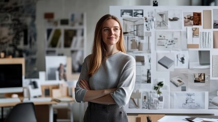 Stylish Designer Standing Confidently in a Modern Office Environment Surrounded by Creative Inspiration and Collaborative Design Boards