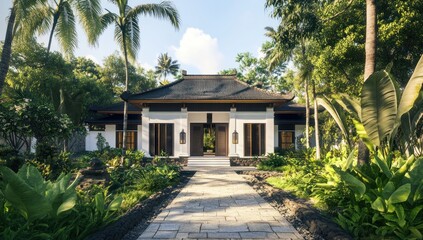 Naklejka premium Serene Tropical Getaway: Asian-Inspired Villa Amidst Lush Greenery