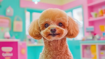 Playful Poodle with Stylish Haircut Standing Proudly in a Colorful and Cheerful Environment