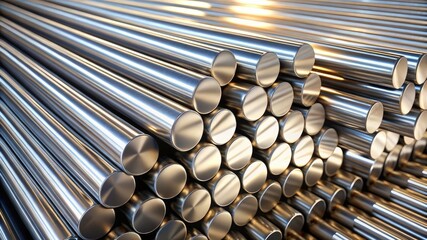 Stack of polished cylindrical metal rods, ideal for industrial applications such as manufacturing or engineering.