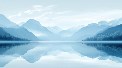 serene landscape featuring mountains and calm lake, reflecting soft blue hues of nature. This tranquil scene evokes sense of peace and harmony