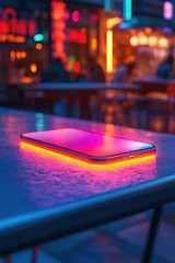 Smartphone Glowing Neon Night Cityscape Vibrant Colors Modern Technology