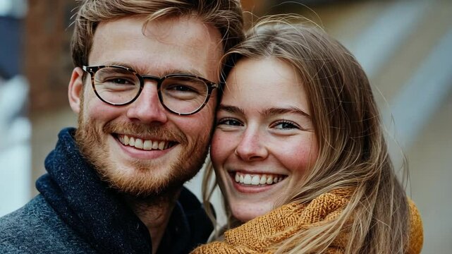 smiling young Caucasian couple hugging 