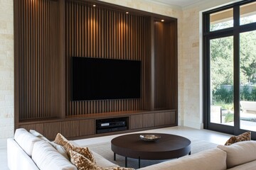 Modern living room with built-in entertainment center, large TV, and comfortable seating.