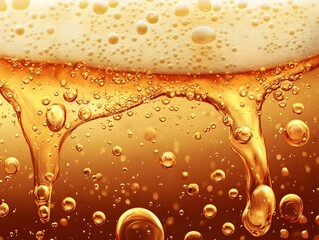 Flowing Light Beer with Carbonation Bubbles and Foamy Texture in Horizontal Frame