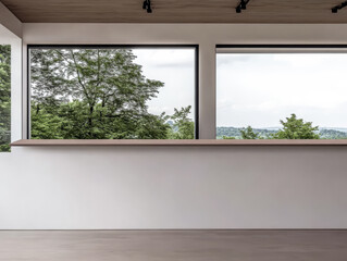 Fototapeta premium Modern interior with large windows showcasing serene outdoor view in a calming environment