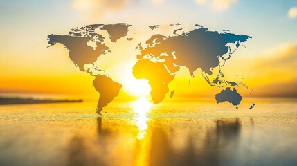 Sunrise over ocean with world map silhouette coastal landscape inspirational view nature concept