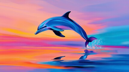 Vibrant Dolphin Jumping Over Colorful Ocean Waves at Sunset