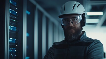 It technician performing server maintenance in data center technology environment professional viewpoint data management concept