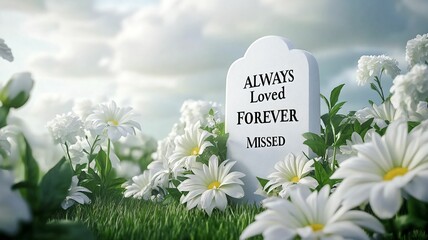 White gravestone with remembrance message with white daisies