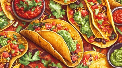 Mexican-style taco seamless pattern with soft and hard shell tacos, salsa, and guacamole.