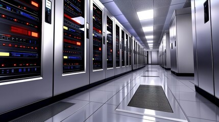 High-tech server room operations data center visual display indoor environment low angle view innovative technologies