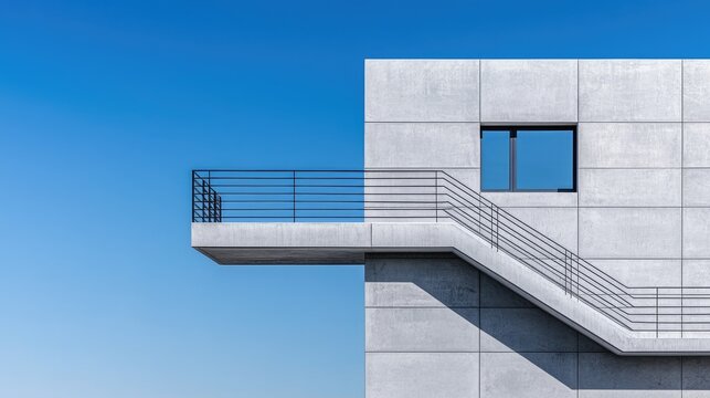 Modern concrete building exterior, stairs, balcony, clear sky, architectural design, website banner - Powered by Adobe