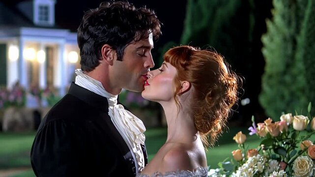regency movie style fashion portrait love couple kissing at night garden