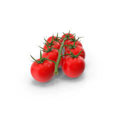 Fresh Red Cherry Tomatoes on the Vine, a Bunch of fresh, red tomatoes with green stems isolated, fruit representing gardening and vegetable agriculture as ripened tomatoes for a salad or salsa sauce