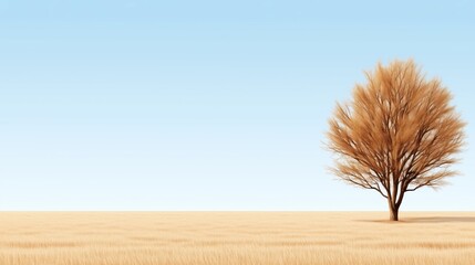 solitary tree with no leaves rises above a sprawling golden field, presenting a stark contrast against the backdrop of a clear blue sky