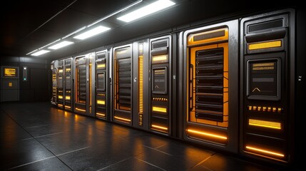 Futuristic server room technology data center digital infrastructure high-tech environment wide-angle view innovation