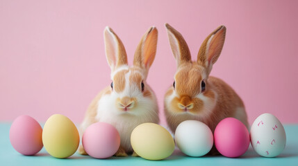 Cute rabbits with colorful eggs on pastel background create joyful Easter scene. playful bunnies and vibrant eggs evoke sense of celebration and springtime cheer