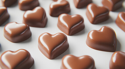 Fototapeta premium numerous heart-shaped chocolate candies arranged on a white surface.