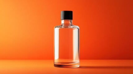 Fototapeta premium Clear glass bottle, orange background, studio shot, product mockup