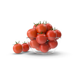 Fresh Tomatoes in a Glass Bowl isolated on a white background, 3D realistic Delicious and healthy ingredient for salads and seasonal food. Ripe Tomato vine as ripened red fruit