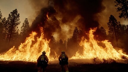Fototapeta premium Two firefighters face a massive wildfire consuming the forest in the background. flames rise high, creating a dramatic contrast with dark smoke filling the air during the afternoon