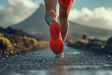Runner Sprints Towards Distant Mountain Peak Under Sunny Sky