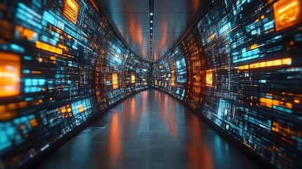 Futuristic data center corridor with glowing screens displaying digital information.