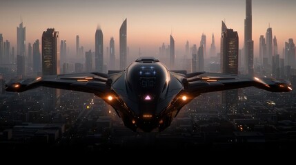 Futuristic spaceship flight over a cityscape at sunset digital art urban environment aerial view sci-fi concept