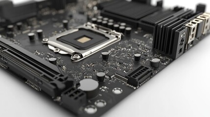 Fototapeta premium Black motherboard, CPU socket, white background, computer component, tech ad