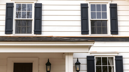 Fototapeta premium Classic White House Exterior with Black Shutters and Porch. Beautiful Home Architecture and Design. Real Estate Photography