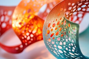 Colorful perforated ribbons swirl, studio shot, bokeh background, design element