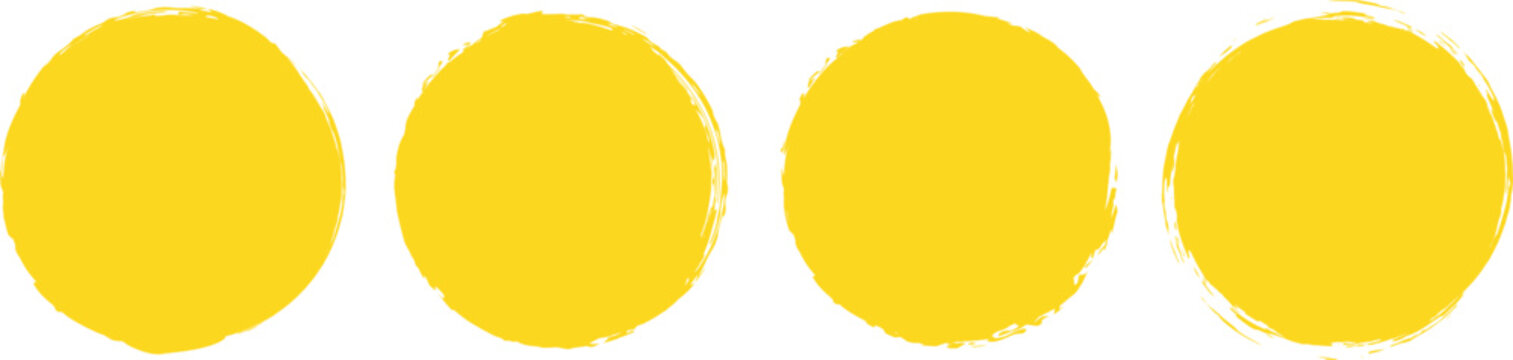 Yellow circle grunge shapes on a white background. Round brush painted circle brush stamps illustration of an orange and yellow