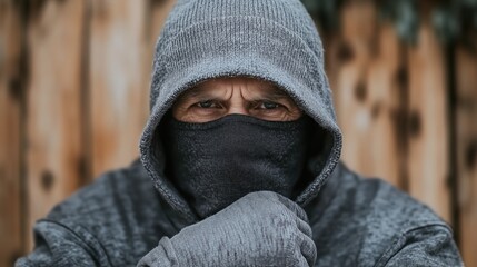 man wearing a gray hoodie and face mask sits outdoors, gazing intensely at the camera. background features a wooden fence, hinting at a cool autumn day