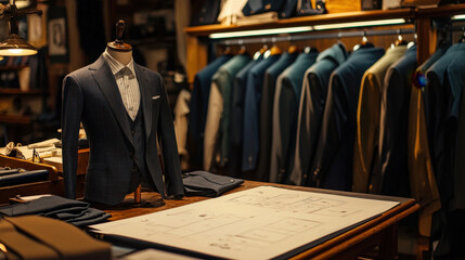 tailored suit displayed in bespoke tailor shop, showcasing elegant fabrics and designs. atmosphere is sophisticated and inviting, perfect for custom clothing