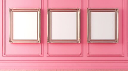 Pink Wall Mockup with Three Blank Frames and Tropical Plants